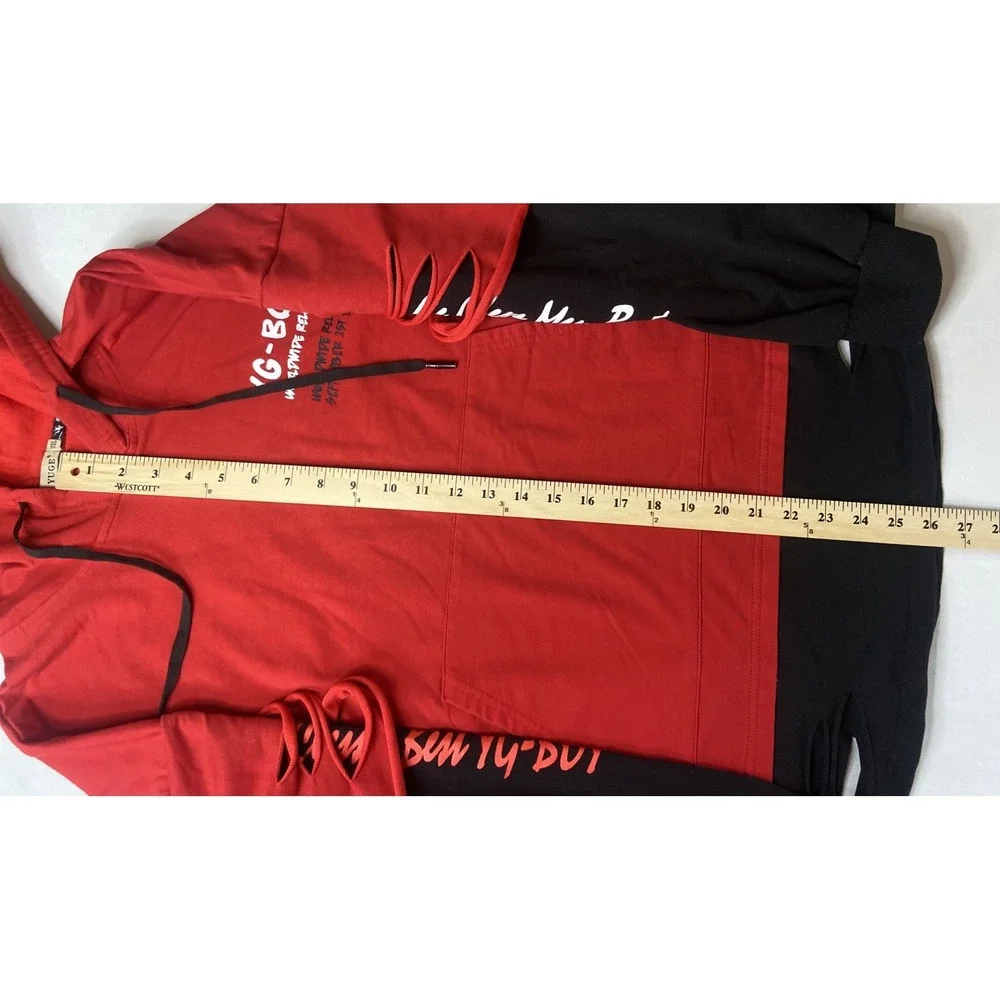 Yuge Fashion Red Black Layered Distressed Graphic Hoodie Mens 3XL Streetwear - Picture 7 of 16